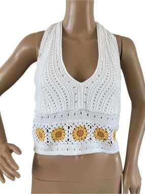 Hollister Sunflower Crochet Crop Halter Top Boho Indie Festival Folk Summer